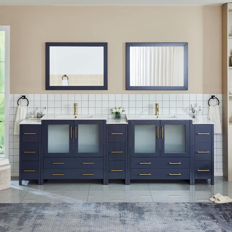 Vanity Art 108" Double Sink Bathroom Vanity Set 13 Dove-Tailed Drawers 3 Cabinets 2 Shelves Soft-Closing Doors with Free Mirror - Blue