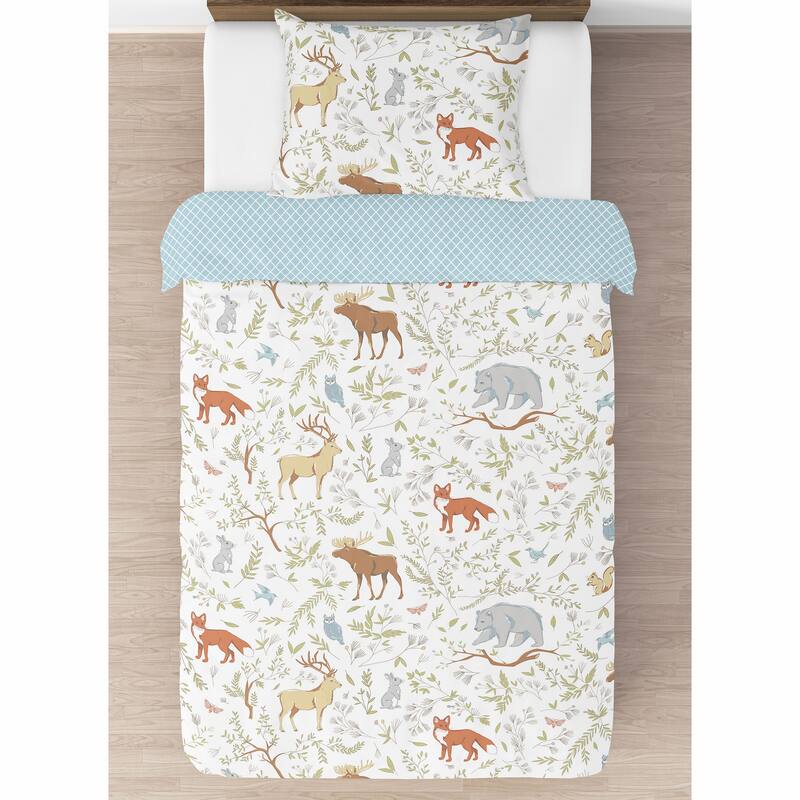 Woodland Animal Toile Collection Boy or Girl 2-piece Twin-size Comforter Set - Grey Green Brown Bear Deer Fox Forest Animals