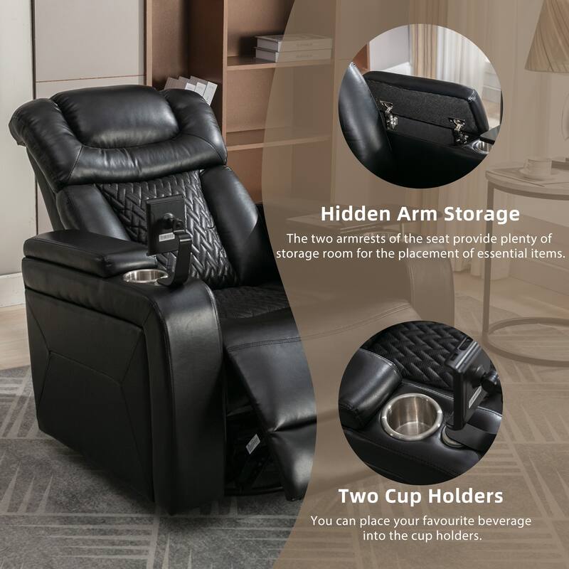 270° Swivel PU Leather Power Recliner with Phone Holder, Cup Holder, USB Port Home Theater Recliner for Living Room