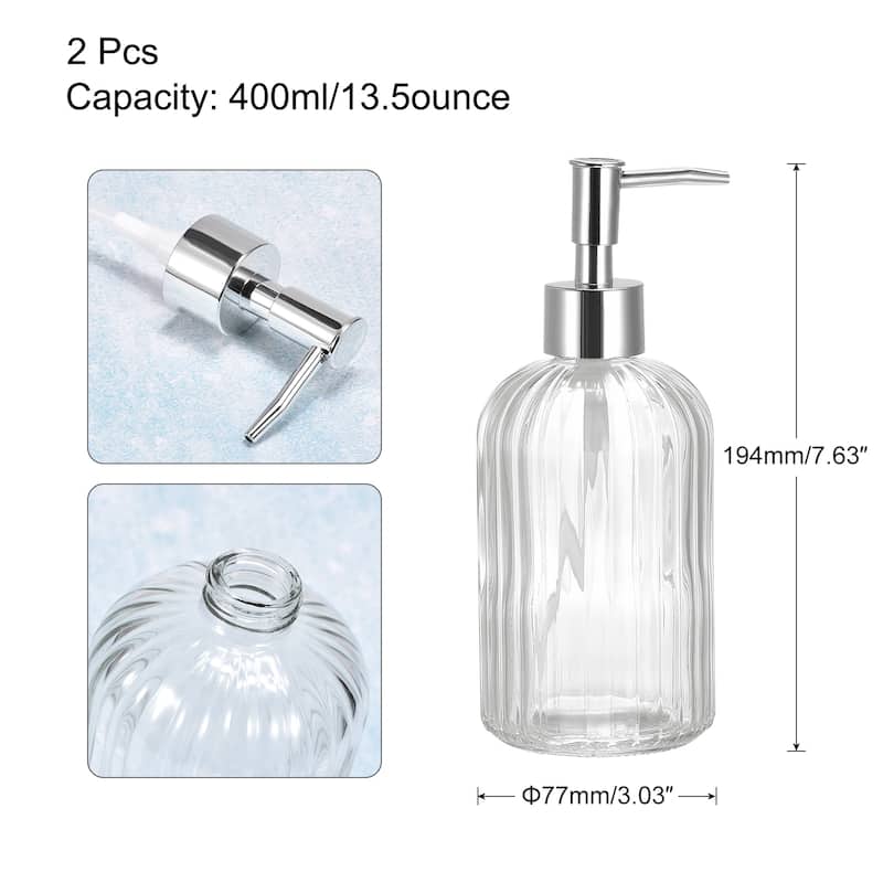 Soap Dispensers Set - 2 Pack 13.5Oz Glass Dish Hand Soap Dispenser with Silvery Pump for Kitchen Bathroom - Clear
