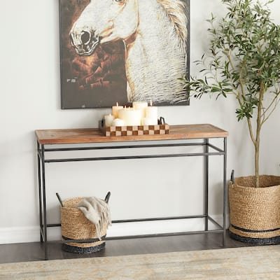 Black Metal Console Table with Brown Wood Top - 48 x 16 x 30