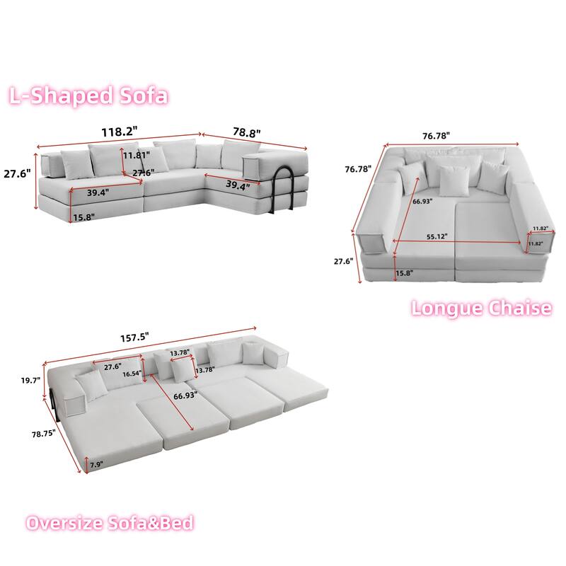 118.2" Oversized Modular Foldable Floor Sofa Couch, Corduroy Upholstered Convertible Sectional Sofa Bed w/ Pillows for Apartment