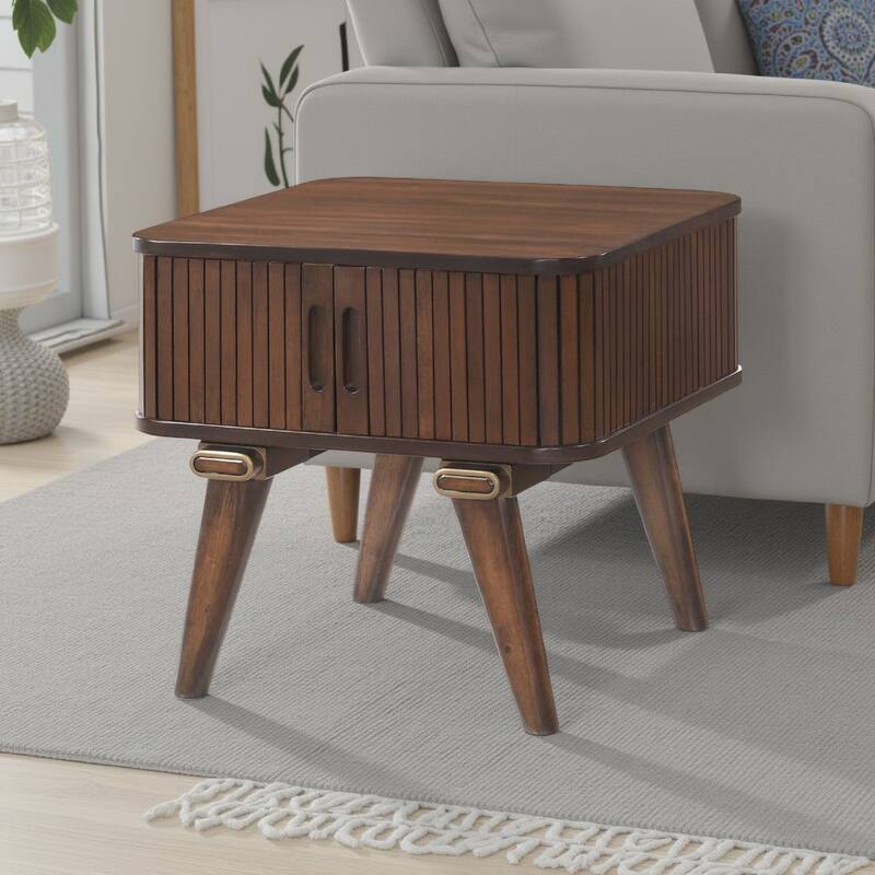 Manny Side End Table, 2 Tambour Doors, A Frame Walnut Brown 24 Inch