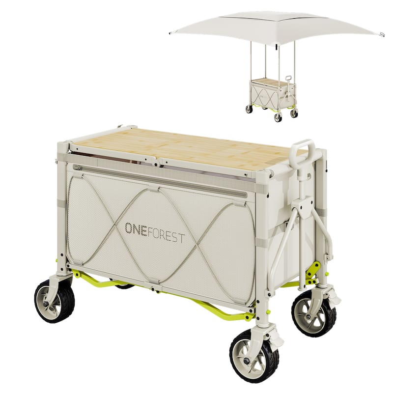 Foldable Camping Cart with Adjustable Handle, Bamboo Tabletop, Foldable storage, and Waterproof Oxford Canopy