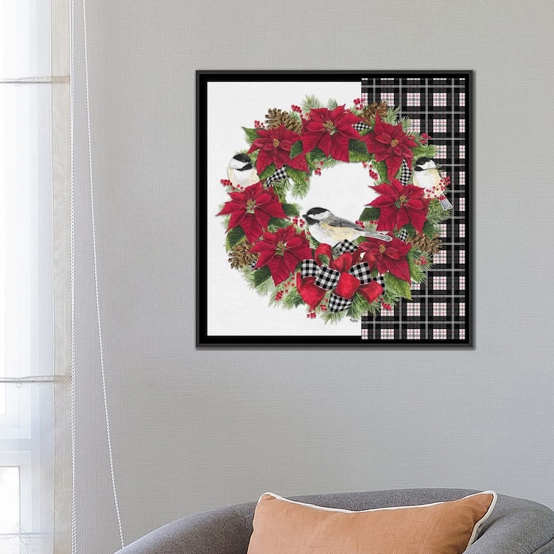 iCanvas "Chickadee Christmas Red V - Wreath" by Tara Reed Framed