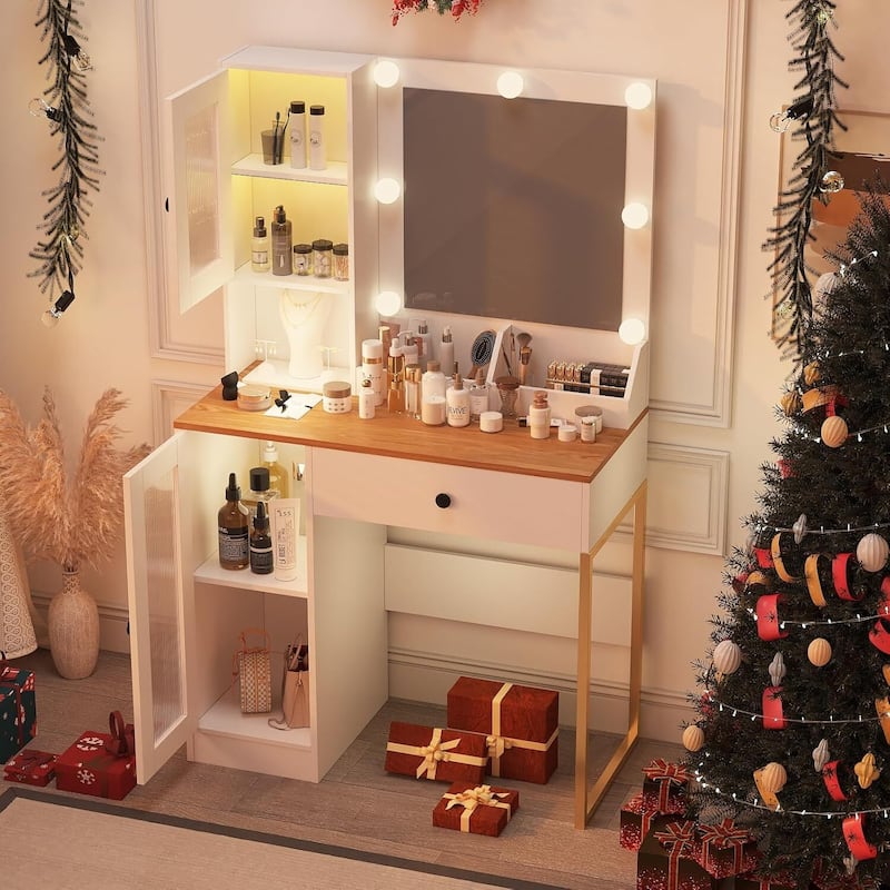 Vanity Desk, Makeup Dressing Table with LED Lights, Mirror, Built-in Outlets & USB Ports - Multi