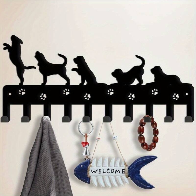 Black Metal Wall-Mounted Towel Hook Rack with 6 Hooks for Bathroom and Kitchen Storage - 12.09”L x 5.9”H