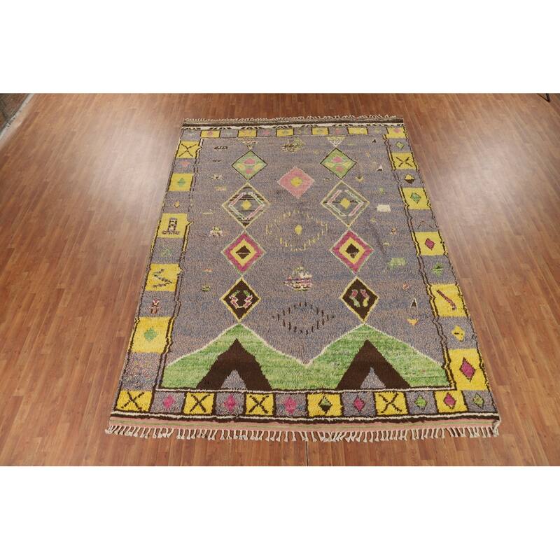 Gray Plush Geometric Moroccan Area Rug Hand-Knotted Wool Carpet - 9'0" x 12'7"