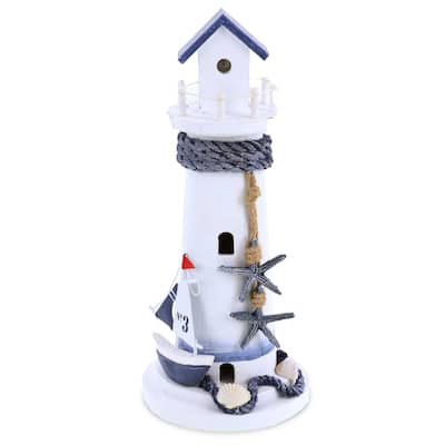 CoTa Global Ocean Blue Lighthouse Decor with Blue Starfish & Sailboat - 11″Lx4.8″Wx4.8″H