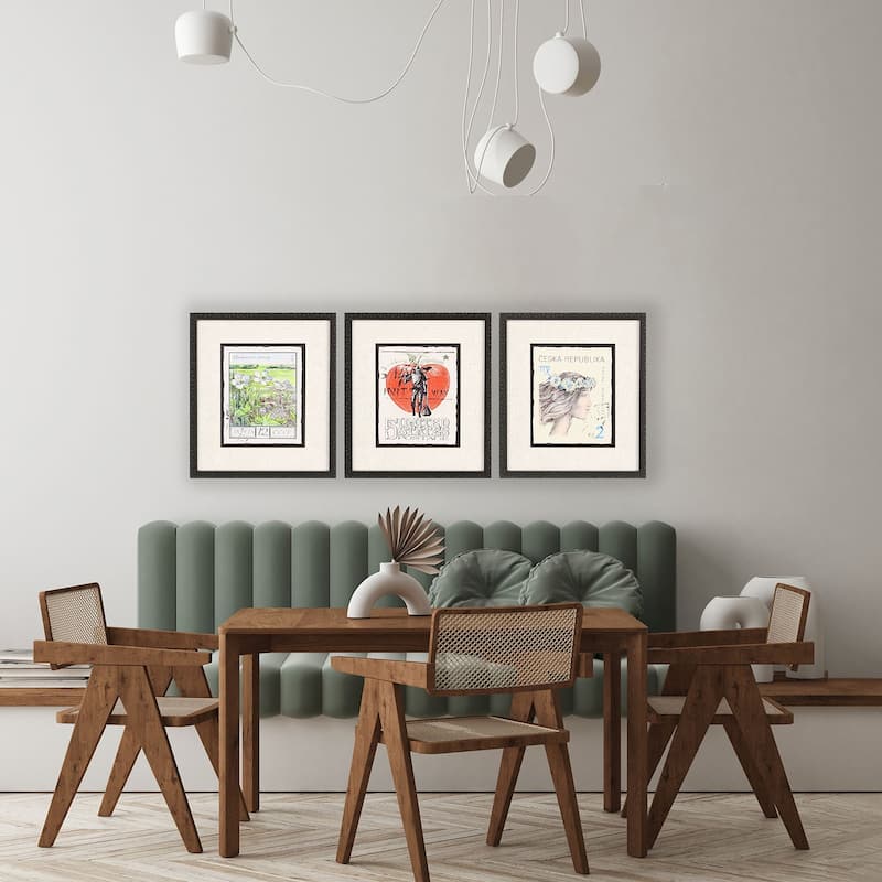 Vintage Stamps I S/3 Framed Art Exclusive Giclee Under Glass