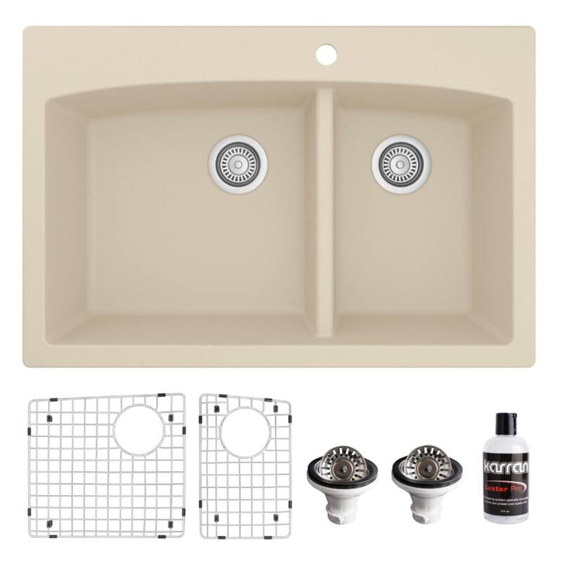 Karran Drop-In Quartz 33 in. 1-Hole 60/40 Double Bowl Kitchen Sink Kit - Bisque