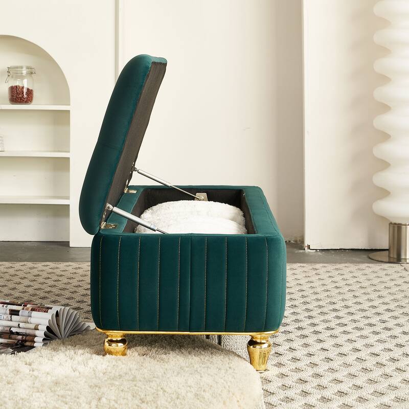 Velvet Fabric Storage Ottoman, Upholstered Button Tufted Storage Bench, End of Bed Bench with Safety Hinge & Metal Legs