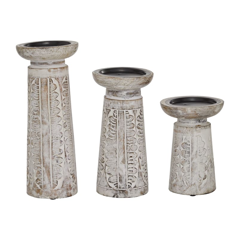 Wood Floral Handmade Intricate Carved Pillar Candle Holder - Set of 3 White - Roche River Decor - 4"W x 4"L x 10"H