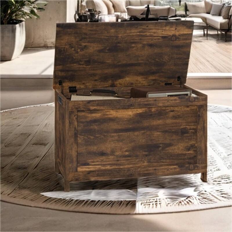 29.9" Wood Storage Box with 2 Safety Hinges and Side Handles - Rustic Brown