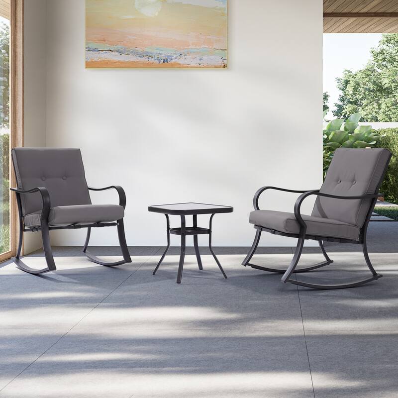Bonosuki 3 Pieces Patio Bistro Set, Outdoor Funiture Set with 2 Rocking Chairs, Tempered Glass Top Coffee Table and Cushion - Grey
