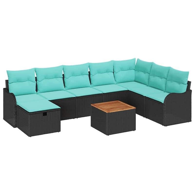 vidaXL 9 Garden Sofa Set with Cushions Black/Grey Poly Rattan - 113.2 x 69.9 x 27.2