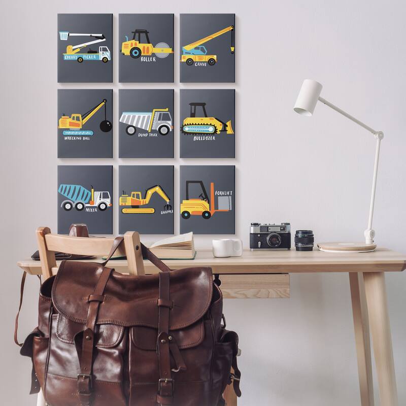 Stupell Whimsical Construction Vehicles Yellow Blue White Trucks 9 Piece Canvas Wall Art Set Design By Arrolynn Weiderhold