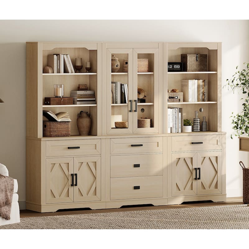 3-Column 73.3" Tall Bookshelf Set with Open Storage and Glass Doors