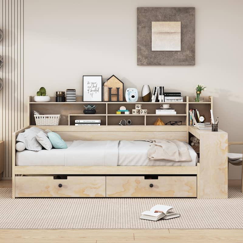 Wooden Full Size Daybed with Storage Shelves - Natural