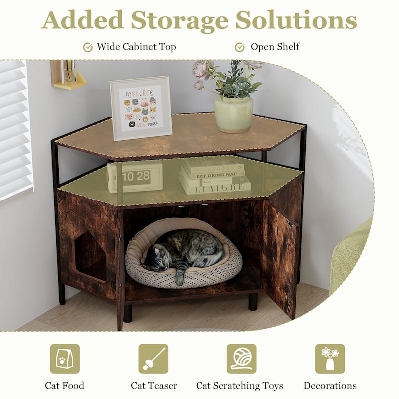 Gymax Corner Cat Litter Box Enclosure End Table w/ Open Shelf 2