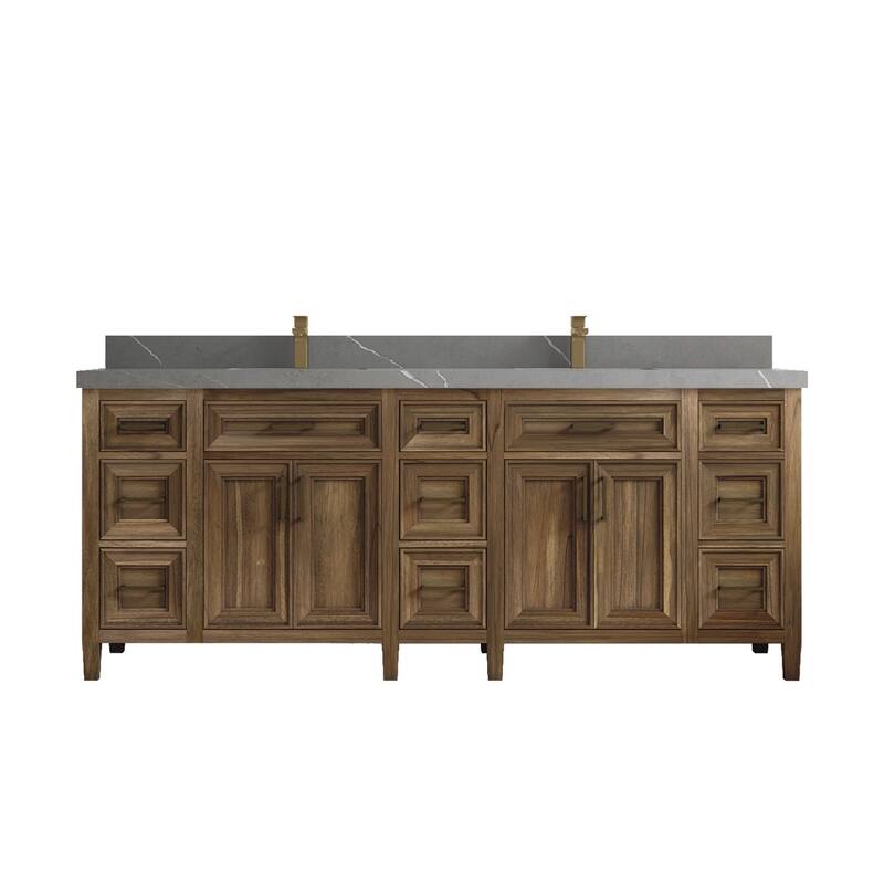 Willow Collections 84 in. W x 22 in. D Santa Monica Teak Double Sink Bathroom Vanity with Countertop - 2" Piatra Gray - Gray Washed Teak