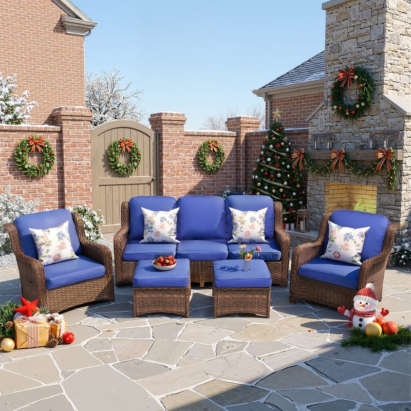 5-piece Patio Furniture High Back Conversation Set with Navy Blue Cushions
