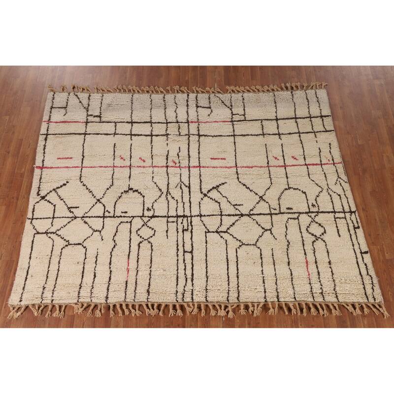 Ivory Moroccan Oriental Area Rug Handmade Wool Carpet - 6'4" x 8'4"