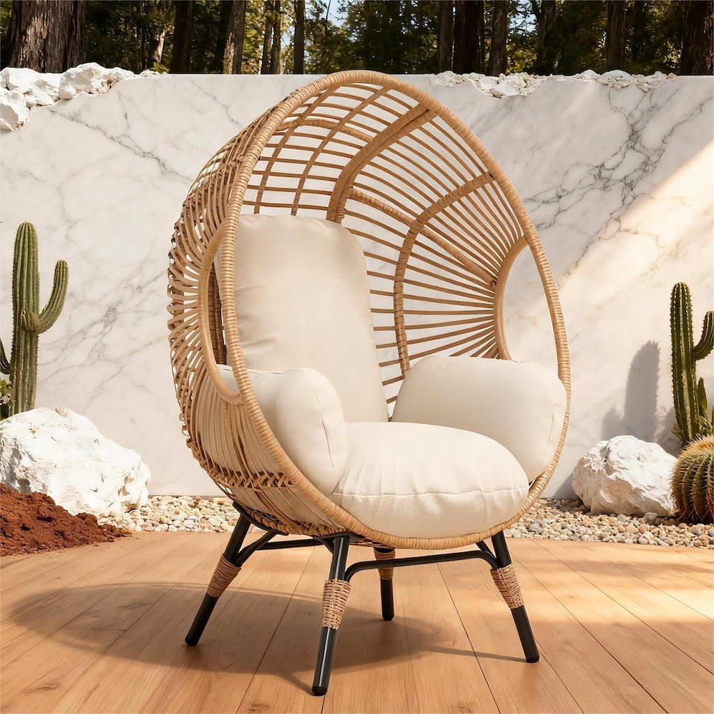 Elegant Arc Back Hanging Egg Chair, 400lb Capacity Patio Swing with 8-Inch Cushion, PE Rattan Outdoor Indoor Chair