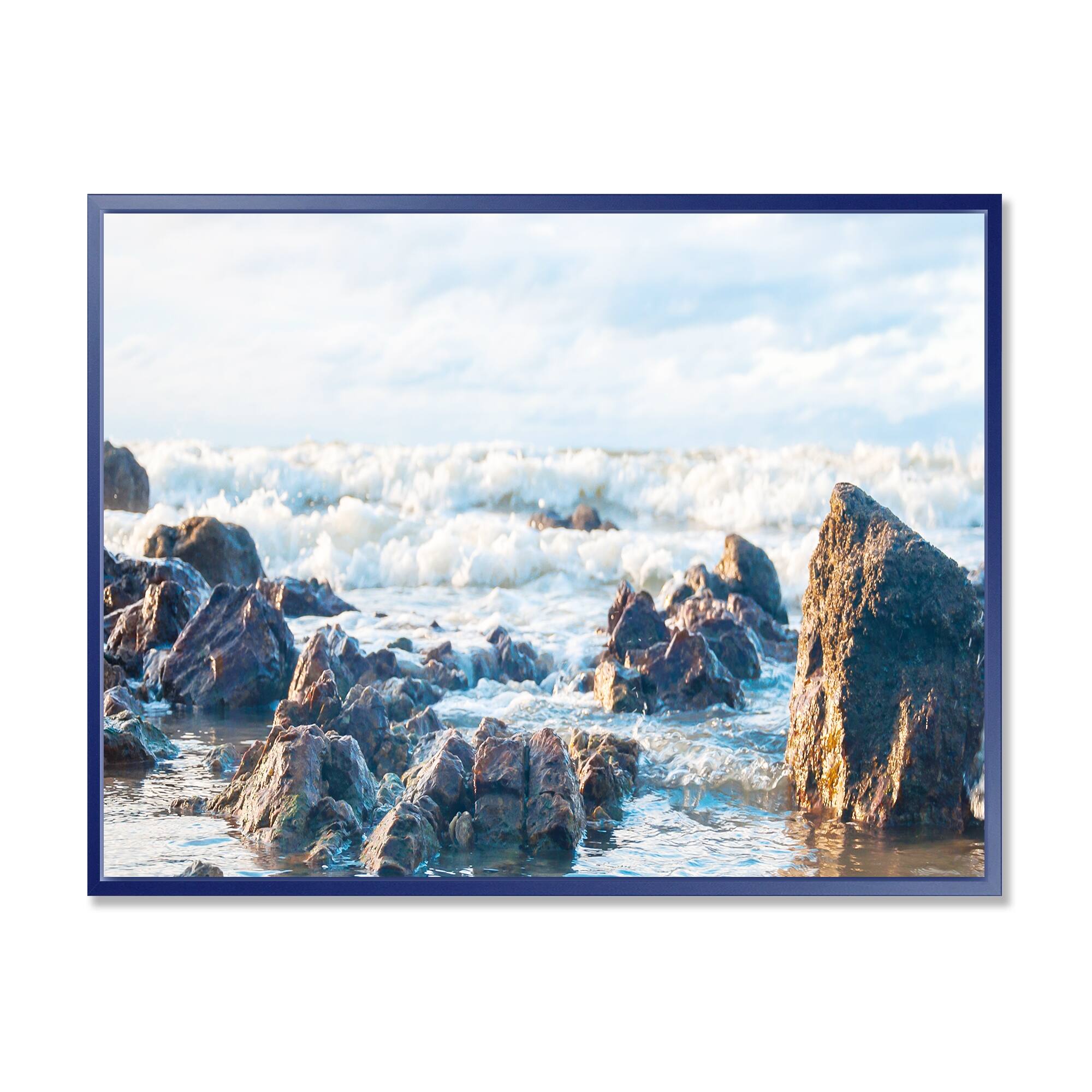 Designart "Sea Foam in Empty Rocky Seaside" Large Seascape Art Framed