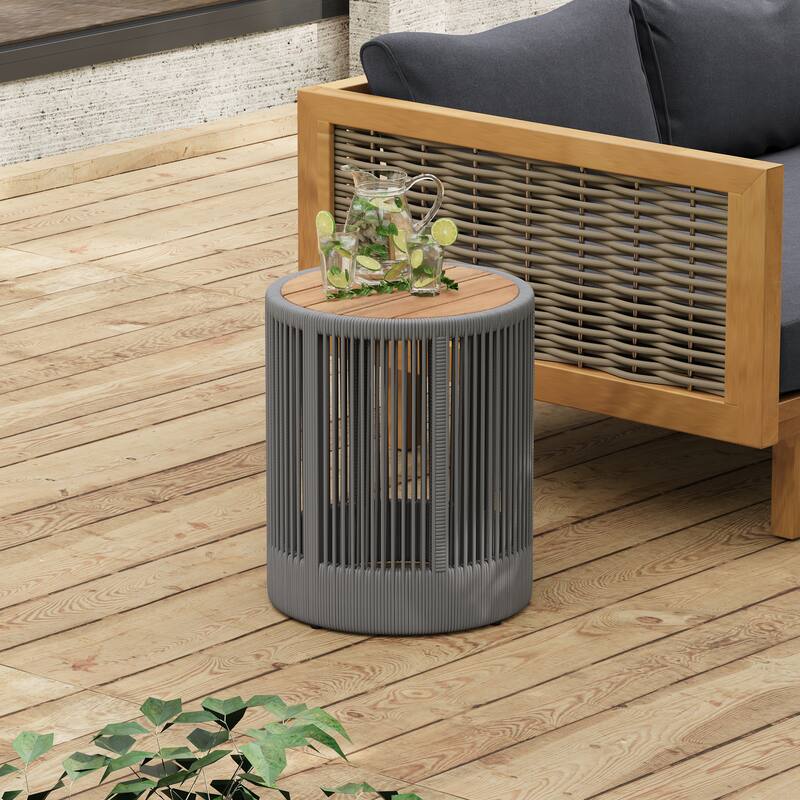 Roomfitters Round Outdoor Side Table, Acacia Wood and Rattan Rope Accent Table for Patio and Balcony