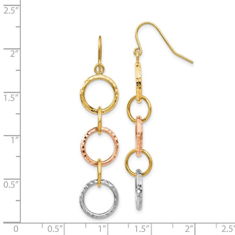 Curata 14k Tri Color Gold 59x11mm Diamond-cut Circles Dangle Hook Earrings