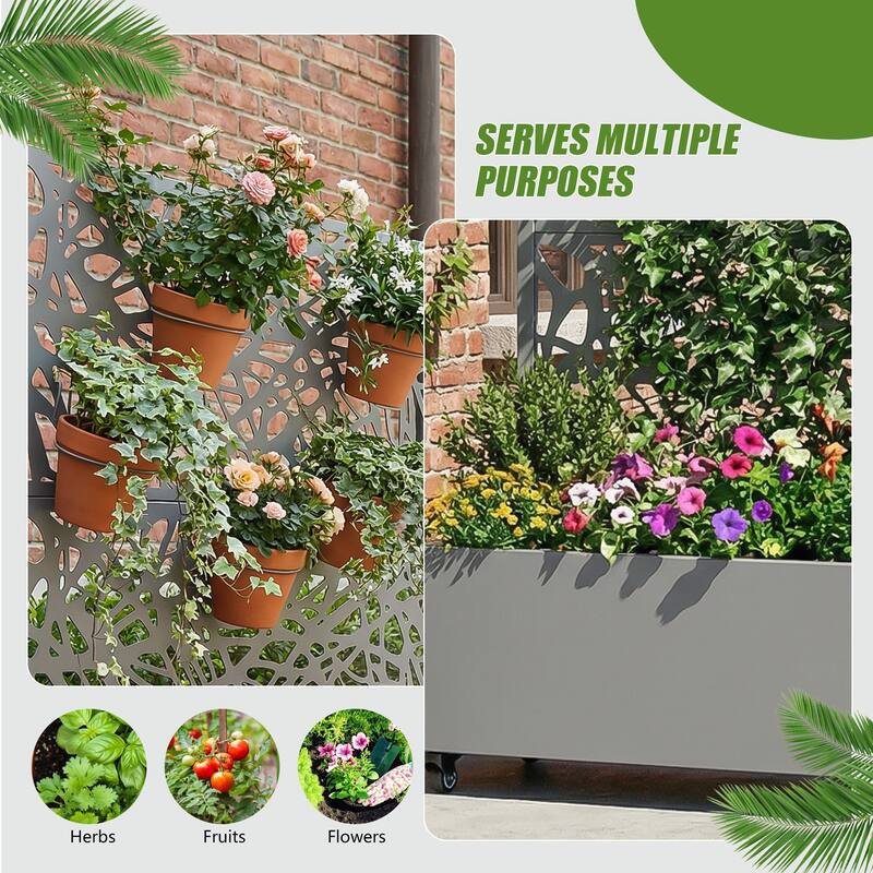 Metal Galvanized Planter Box with Trellis Privacy Screen Lockable Wheels