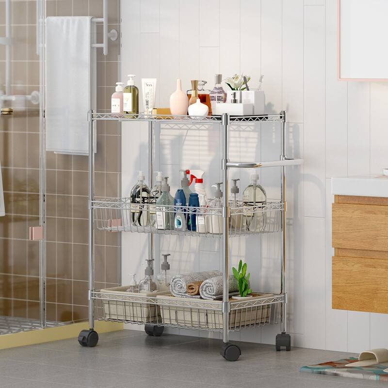 3 Tier Rolling Storage Cart, Adjustable Wire Storage Shelving Unit, Kitchen Organizer Cart Wire Rack On Wheels