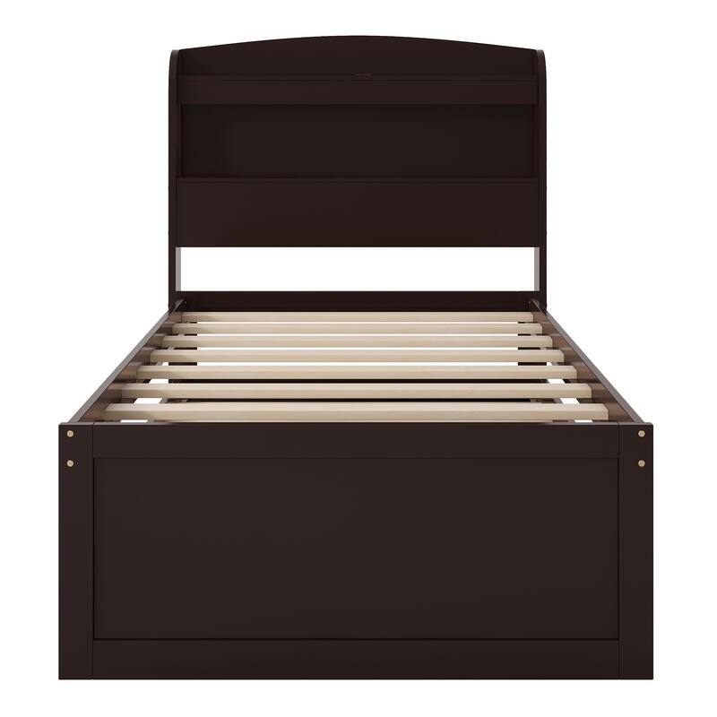 Twin XL Size Platform Bed with Storage LED Headboard, Charging Station, Twin Size Trundle and 2 Drawers, Dark Brown