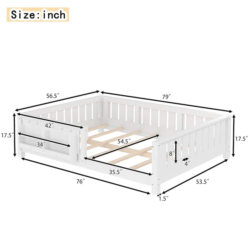 Low Profile Montessori Bed Floor Platform Bed with Fence and Bookshelf