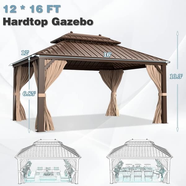 dimension image slide 8 of 17, Outdoor Hardtop Gazebo Pergola w Galvanized Steel Roof and Aluminum Frame, Prime Curtains and nettings include