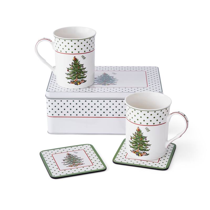 Spode Christmas Tree 5 Piece Mug and Tin Set - Polka Dot