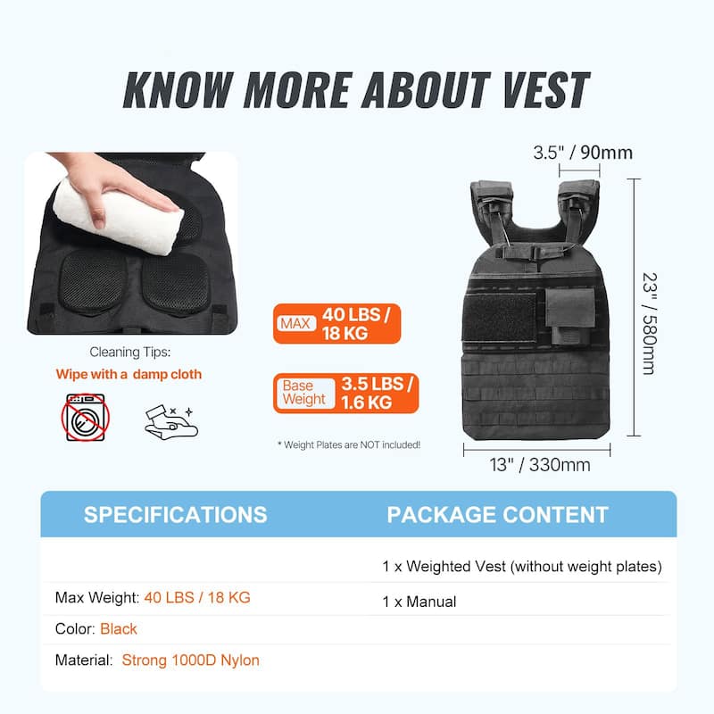 Black Nylon Adjustable Weighted Vest with Pocket, Up to 40 lbs Capacity - 40 lbs