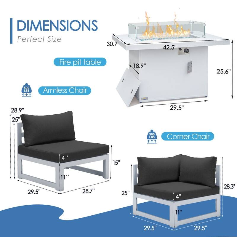 FINCATI Modern 7 Piece White Aluminum Outdoor Furniture Set with Propane/Natural Gas Firepit Table