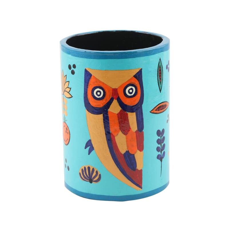 Novica Handmade Owl Story In Teal Papier Mache Pen Holder