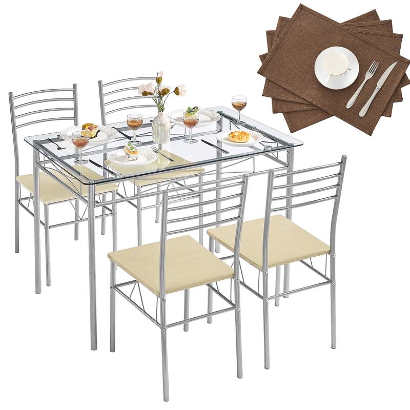 VECELO Sliver Dining Table and Chairs, Dining Sets with 4 Placemats