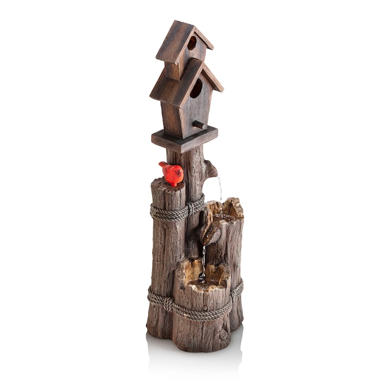 Alpine Corporation WCT2002 35" Brown Outdoor 3 Tier Birdhouse Water Fountain with Cardinal Sculptures