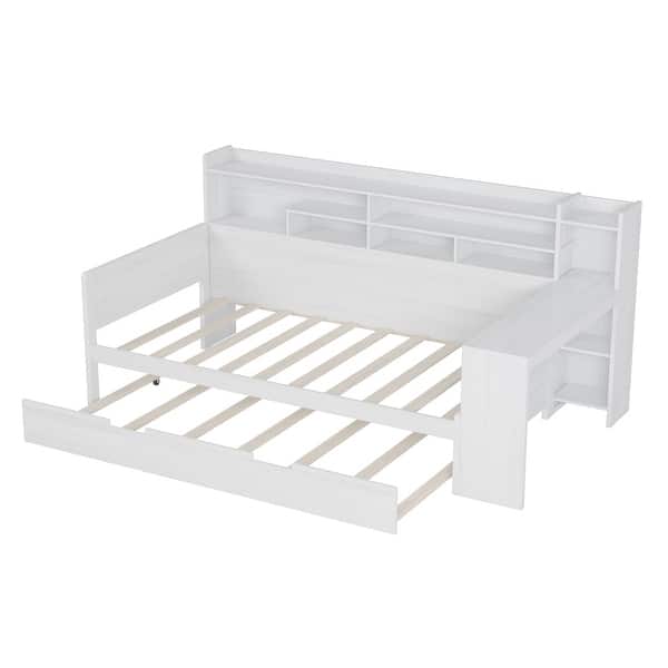 slide 2 of 29, Wooden Twin Size Daybed with Storage Shelves, Twin Trundle and Desk White