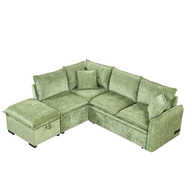 Modern Chenille Sofa Bed with Pull Out Sleeper and Storage Ottoman and USB Charging Ports for Guest Rooms or Small Spaces