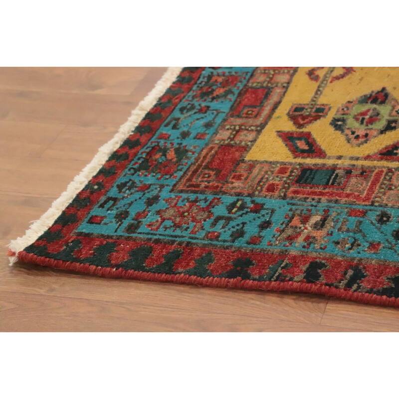 Hand Knotted Oriental 100% Wool Carpet Traditional Geometric Yellow & Gold Ardebil Runner Rug - 7' 1'' X 3' 2''