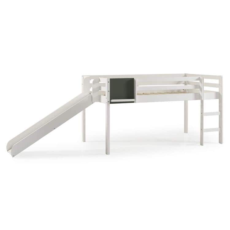 Camille Kids Twin Loft Bed with Slide and Ladder - Pine Wood Loft Bed with Chalkboard