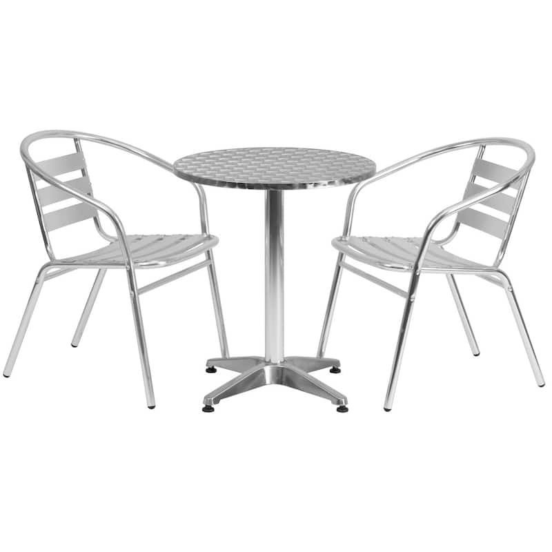 23.5" Round Aluminum Indoor-Outdoor Table Set with 2 Slat Back Chairs
