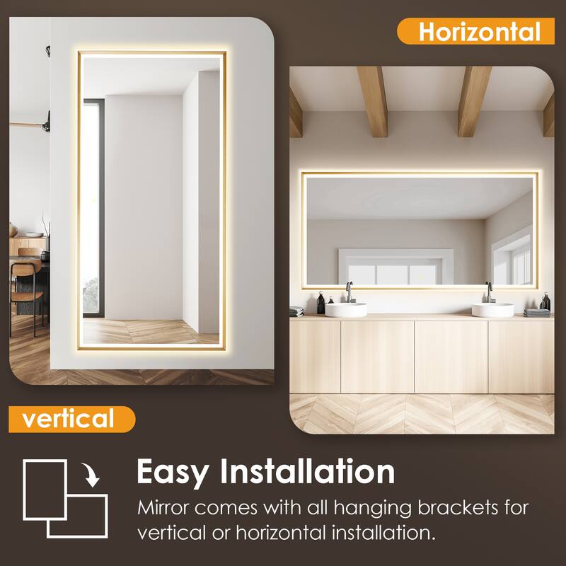 Apollo Rectangular Anti-Fog Dimmable Modern Bathroom/Vanity LED Lighted Wall Mirror in Brushed Gold Aluminum Framed