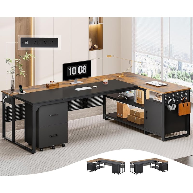 Executive Desk L Shaped Desk File Drawers Power Outlets Computer Desk