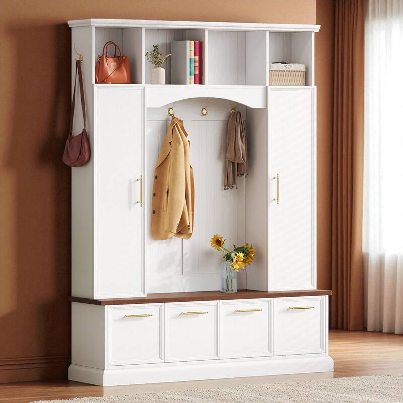 59 in Farmhouse Hall Tree with Golden Hooks & Handles, Walnut Bench, Adjustable Shelves, 76.7 in H Entryway Organizer - White